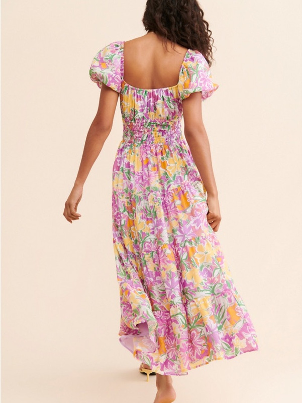 ASTR Florentina Maxi Dress Pink Floral Purple Green Yellow Small Smocked Puff - Picture 8 of 9